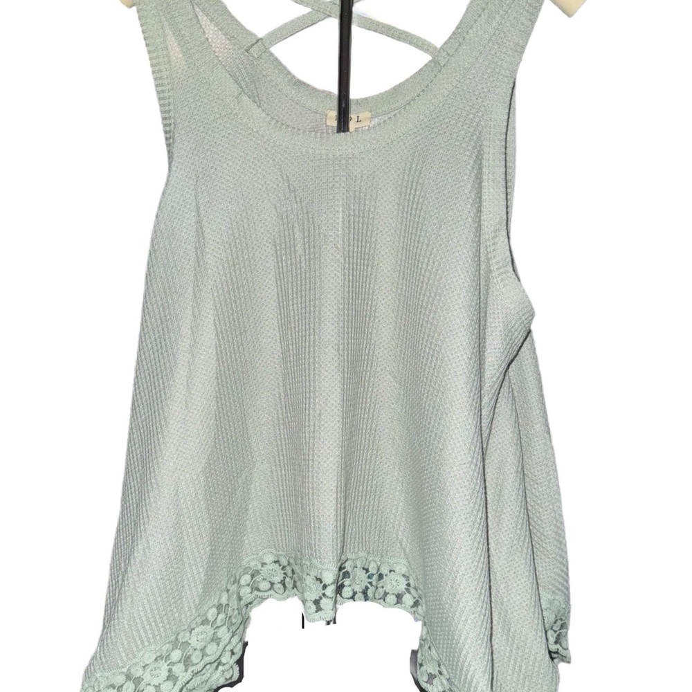 POL Mint Green Sleeveless Top Criss-Cross Detail & Floral Trim